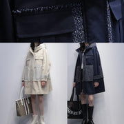 diy hooded patchwork Fine tunics for women navy baggy coats - bagstylebliss