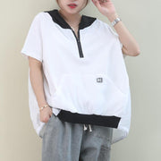 diy hooded patchwork cotton summerclothes Work Outfits white tops - bagstylebliss