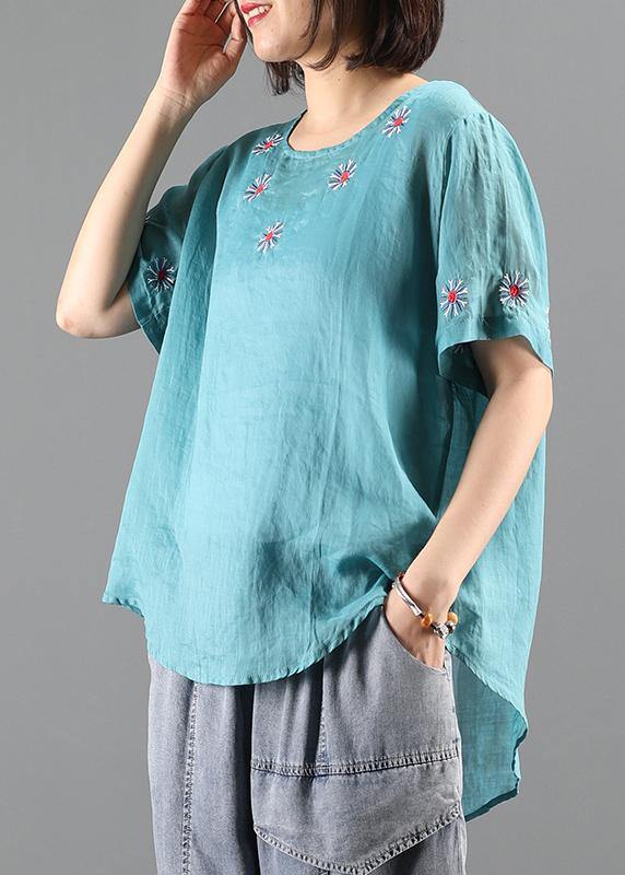 diy o neck clothes For Women blue embroidery short blouse - bagstylebliss