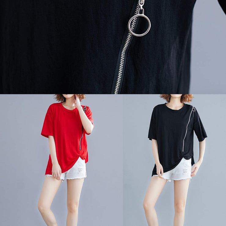 diy o neck zippered cotton Blouse Work black shirt summer - bagstylebliss