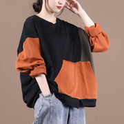 diy orange tops women o neck patchwork short fall shirts - bagstylebliss