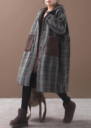 diy patchwork pockets fine hooded maxi coat green plaid tunic jackets - bagstylebliss