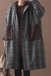 diy patchwork pockets fine hooded maxi coat green plaid tunic jackets - bagstylebliss