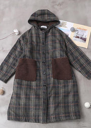 diy patchwork pockets fine hooded maxi coat green plaid tunic jackets - bagstylebliss