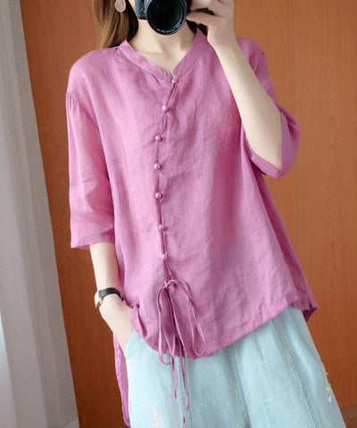 diy pink clothes For Women stand collar asymmetric blouse - bagstylebliss