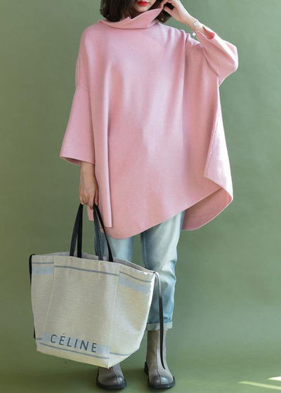 diy pink shirts asymmetric hem wool high neck blouse - bagstylebliss