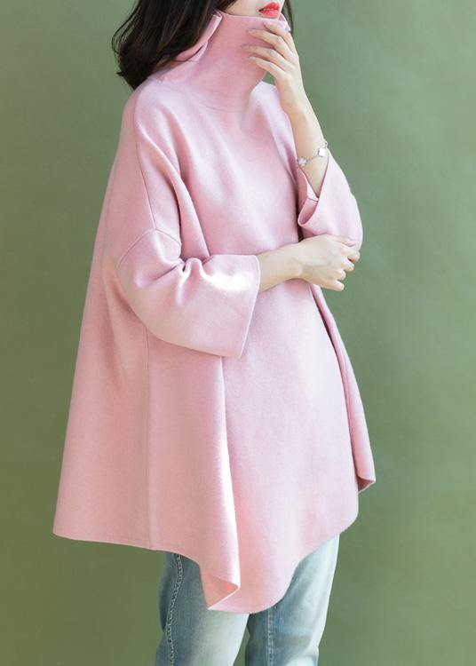 diy pink shirts asymmetric hem wool high neck blouse - bagstylebliss