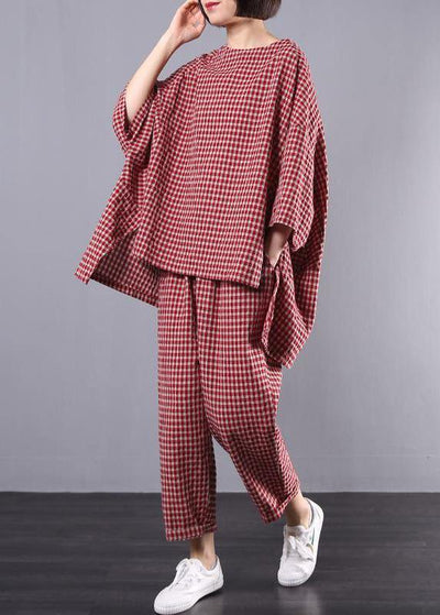 Casual Plus Size Cotton Linen red Plaid Vintage Blouse And Pants Set(Limited Stock) - bagstylebliss