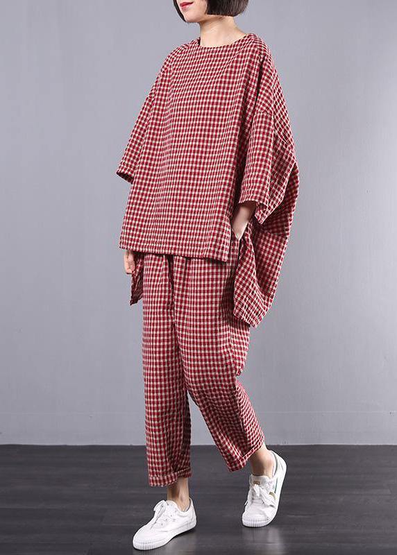 Casual Plus Size Cotton Linen red Plaid Vintage Blouse And Pants Set(Limited Stock) - bagstylebliss
