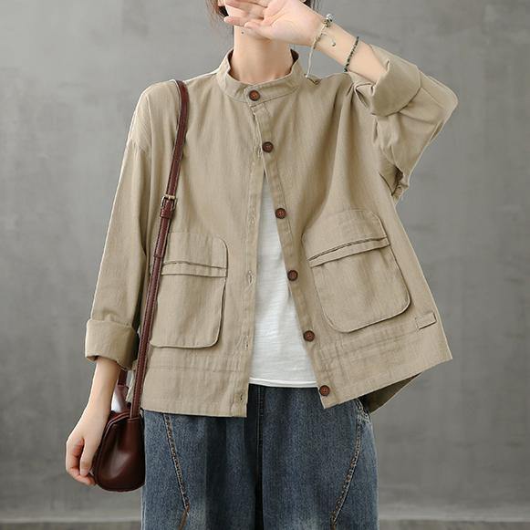 diy stand collar pockets Fine coat khaki silhouette coat - bagstylebliss