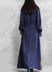 diy stand collar tie waist Plus Size tunic coat blue Midi women coats - bagstylebliss