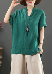 diy v neck cotton linen summer clothes green silhouette top - bagstylebliss