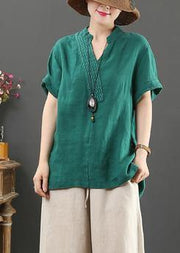 diy v neck cotton linen summer clothes green silhouette top - bagstylebliss