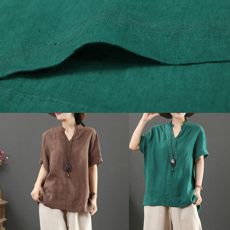 diy v neck cotton linen summer clothes green silhouette top - bagstylebliss