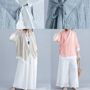 diy v neck half sleeve cotton linen clothes For Women nude blouses summer - bagstylebliss