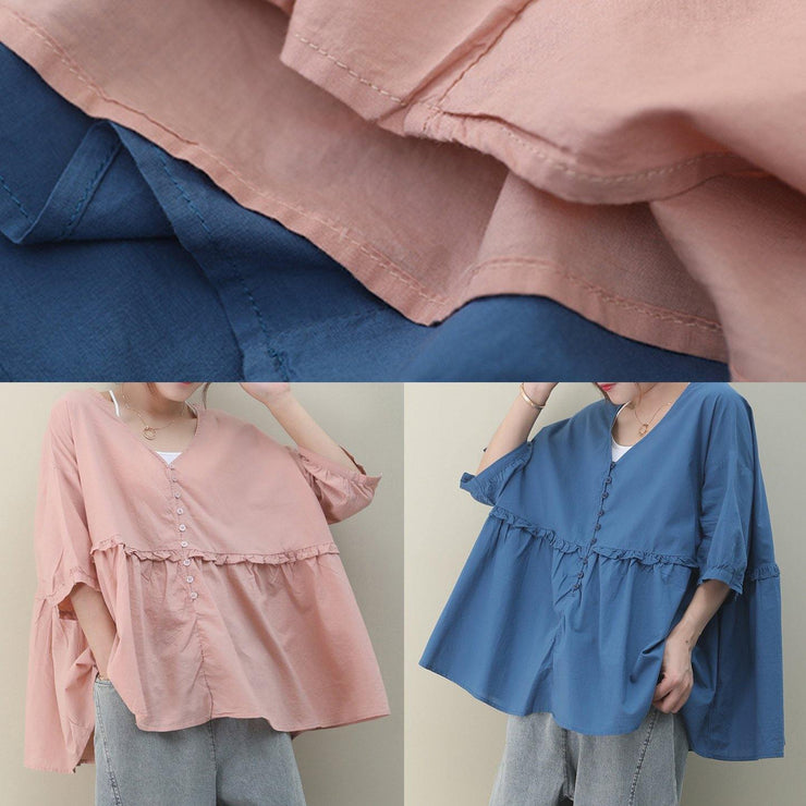 diy v neck Cinched cotton summer Tops blue tops - bagstylebliss