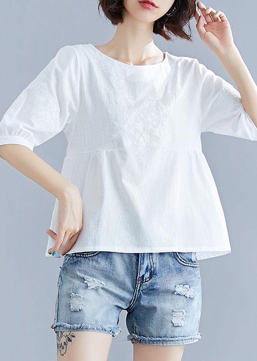 diy white cotton pattern o neck embroidery silhouette summer tops - bagstylebliss