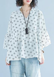 diy white print cotton Blouse Korea Batwing Sleeve v neck tunic Summer shirt - bagstylebliss