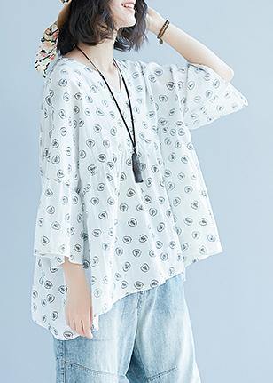 diy white print cotton Blouse Korea Batwing Sleeve v neck tunic Summer shirt - bagstylebliss