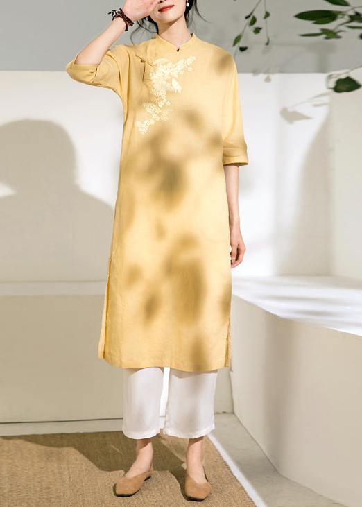 diy yellow linen dress stand collar embroidery shift summer Dress - bagstylebliss