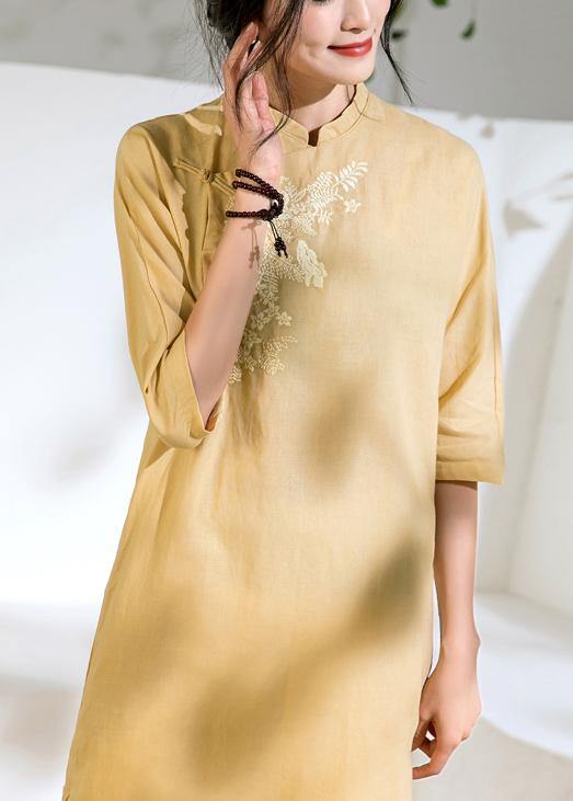 diy yellow linen dress stand collar embroidery shift summer Dress - bagstylebliss
