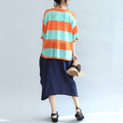 fall 2024 blue orange patchwork cotton blouse plus size v neck t shirt