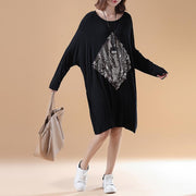 fall fashion black solid cotton dresses oversize long sleeve prints dress