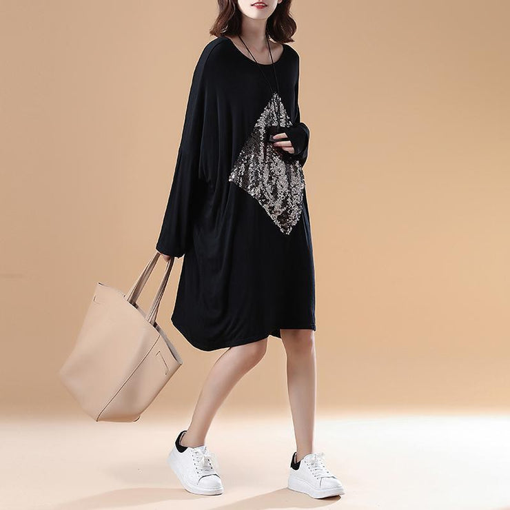 fall fashion black solid cotton dresses oversize long sleeve prints dress