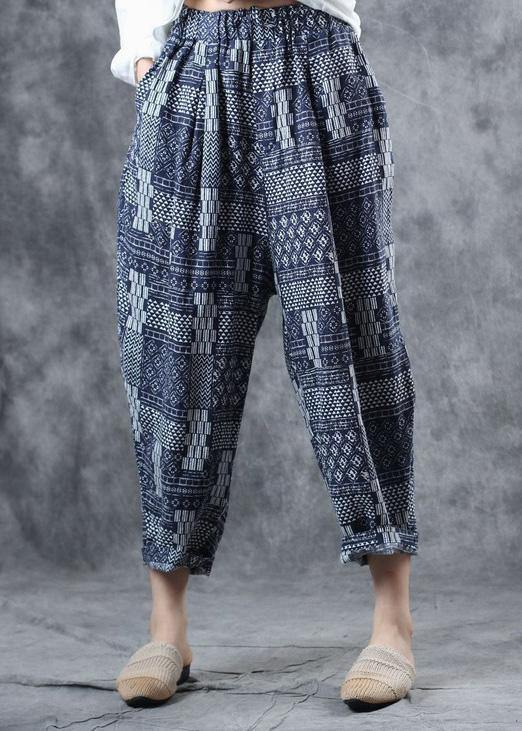 fall new blue prints women pants linen blended elastic waist harem pants - bagstylebliss