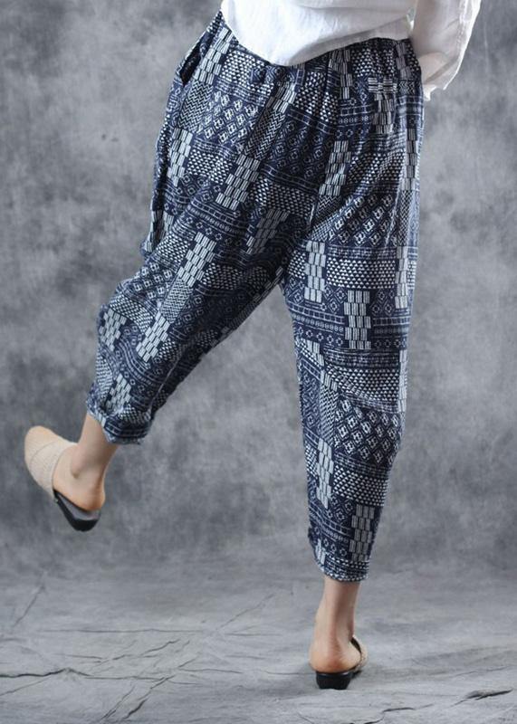 fall new blue prints women pants linen blended elastic waist harem pants - bagstylebliss