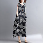 fashion Geometric cotton linen dress Loose fitting short sleeve baggy dresses long dresses Elegant o neck caftans