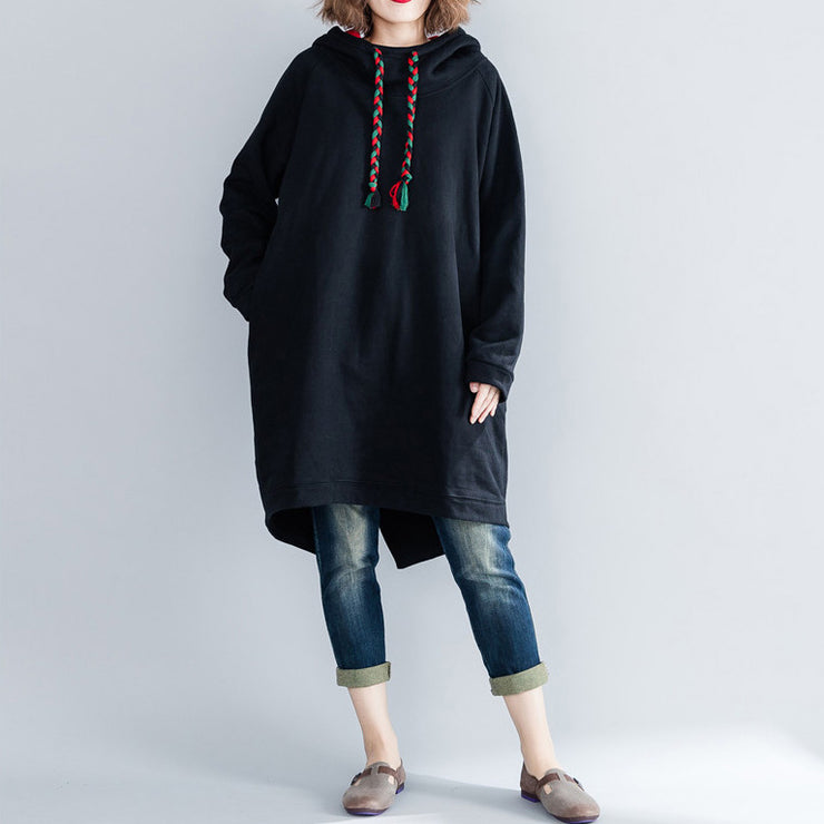 fashion black Midi cotton dresses oversized knee dresses hooded traveling clothing thick