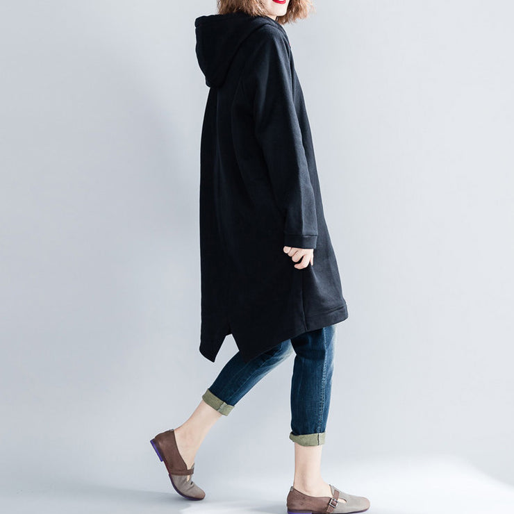 fashion black Midi cotton dresses oversized knee dresses hooded traveling clothing thick