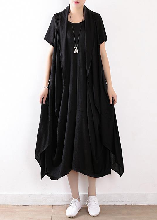 fashion black linen cotton short sleeve dresses and sleeveless coat two pieces - bagstylebliss