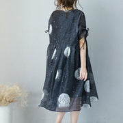 fashion black prints long chiffon dress Loose fitting high waist chiffon gown fine drawstring sleeve kaftans