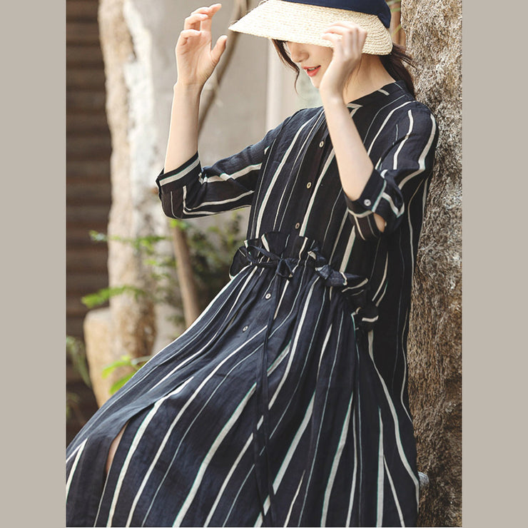 fashion black striped long linen dress trendy plus size o neck large hem linen clothing dresses women Three Quarter sleeve tie waist maxi dresses