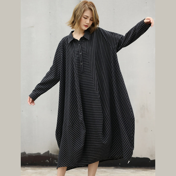 fashion black striped natural cotton dress trendy plus size Turn-down Collar women asymmetrical design caftans