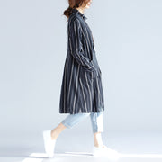 fashion black striped pure cotton linen dress New long sleeve pockets Turn-down Collar knee dresses