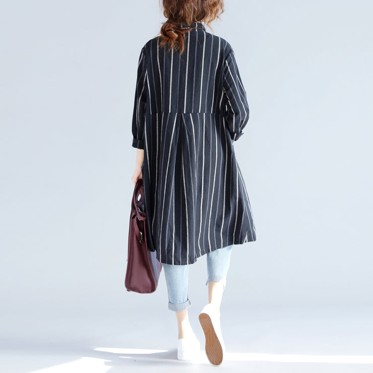 fashion black striped pure cotton linen dress New long sleeve pockets Turn-down Collar knee dresses