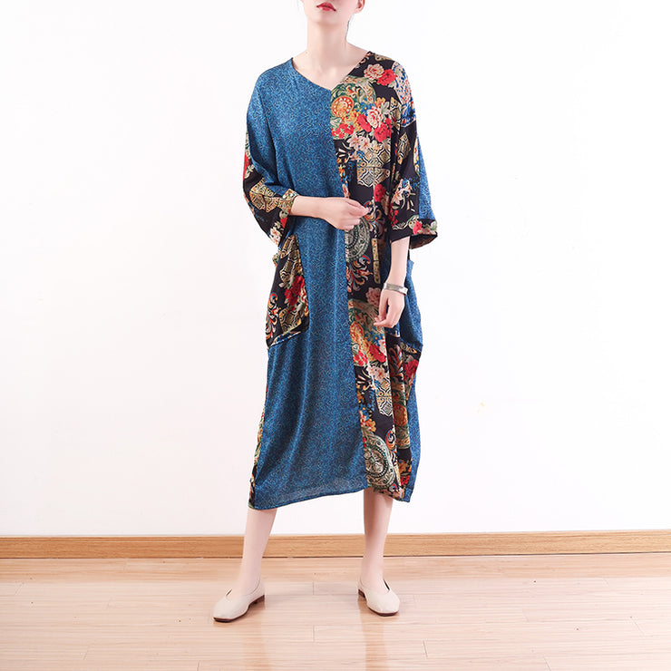 fashion blue natural chiffon dress casual patchwork prints caftans fine silk o neck maxi dresses