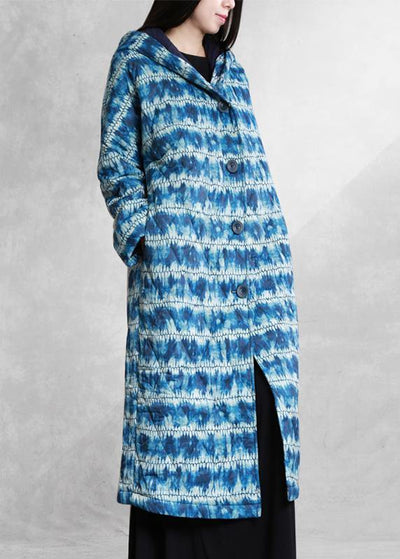 fashion blue print parka Loose fitting down hooded Button outwear - bagstylebliss