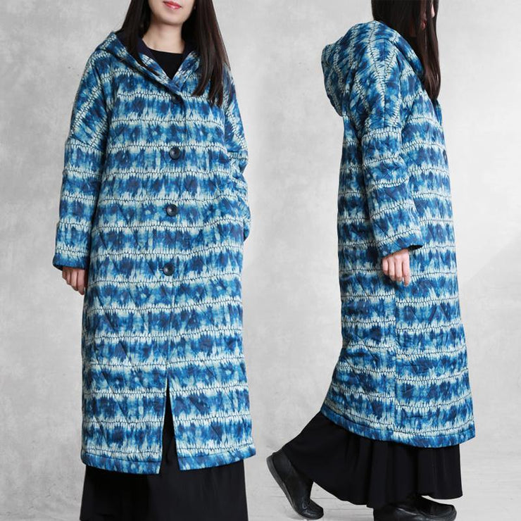 fashion blue print parka Loose fitting down hooded Button outwear - bagstylebliss