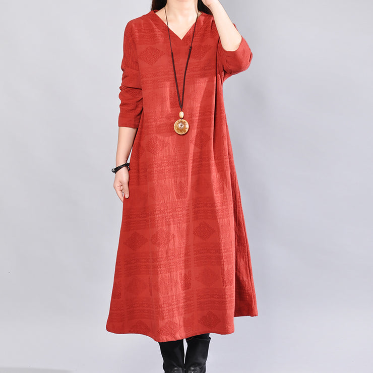 fashion burgundy Midi-length linen dress oversize linen clothing dresses Elegant back side open v neck linen clothing dress