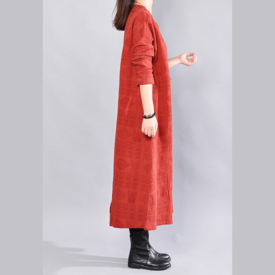 fashion burgundy Midi-length linen dress oversize linen clothing dresses Elegant back side open v neck linen clothing dress