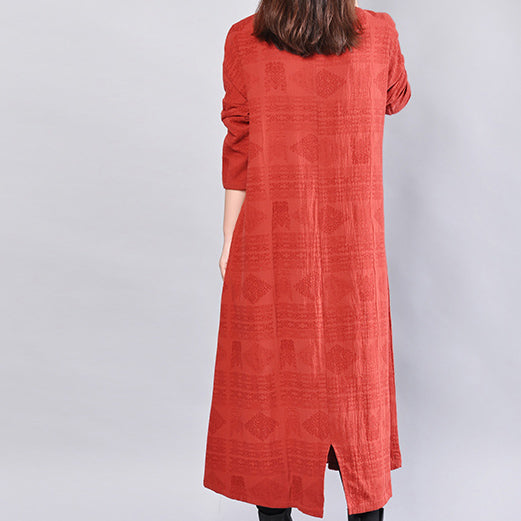 fashion burgundy Midi-length linen dress oversize linen clothing dresses Elegant back side open v neck linen clothing dress