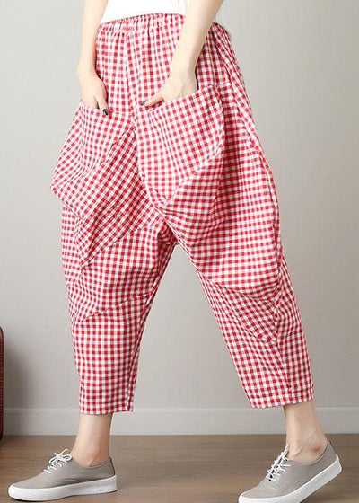 fashion casual red plaid cotton crop pants loose elastic waist pants - bagstylebliss