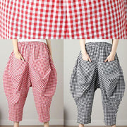 fashion casual red plaid cotton crop pants loose elastic waist pants - bagstylebliss