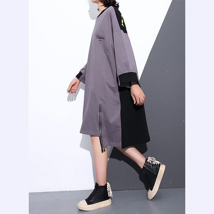 fashion gray Midi-length cotton dress plus size clothing autumn dress zippered baggy vintage O neck cotton dresses