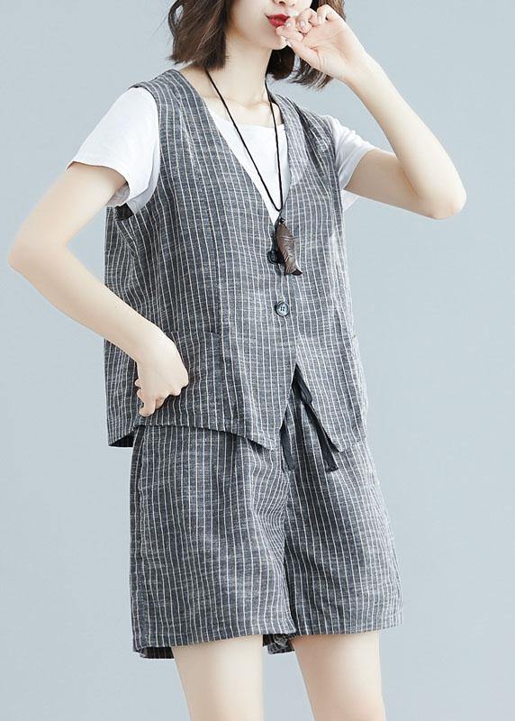 fashion gray striped two pieces women sleeveless tops and casual shorts - bagstylebliss