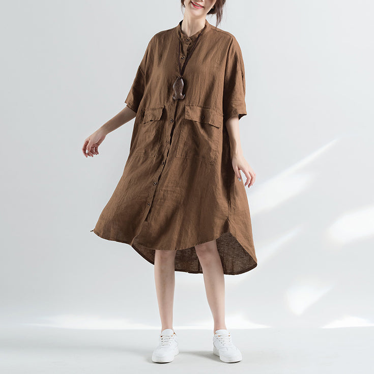 fashion khaki cotton dresses plus size cotton dress women half sleeve Stand cotton dress